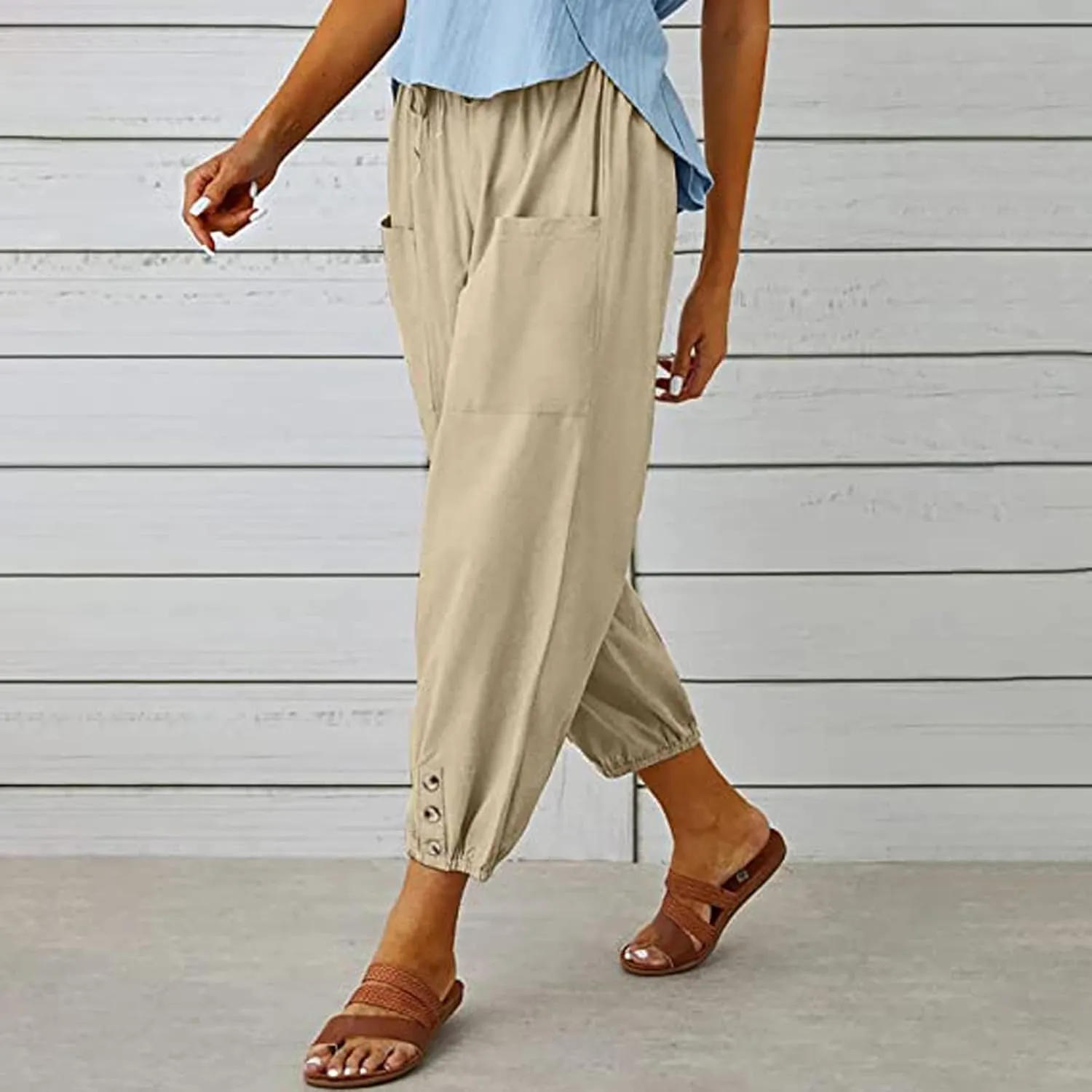Women's Plus Size Capri Pants High Waist Drawstring Cinch Cotton Linen Casual Button Trouser with Pockets