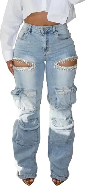 Womens Rhinestone Cargo Jeans Y2k High Waisted Ripped Cut Out Straight Leg Sparkly Baggy Sexy Denim Pants
