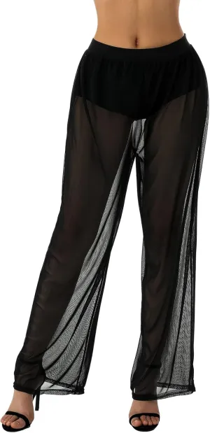 Womens See Through Sheer Mesh Chiffon Beach Pants Wide Leg High Waist Flared Bikini Bottom Cover-Ups
