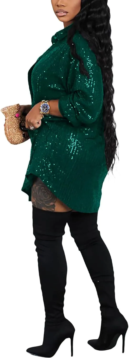 Women's Sequin Button Down Shirt Dress Long Sleeve Loose Fit Blouse Top Mini Dress Party Sexy Clubwear
