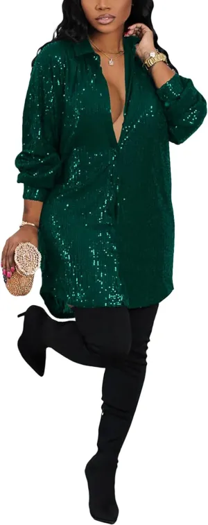 Women's Sequin Button Down Shirt Dress Long Sleeve Loose Fit Blouse Top Mini Dress Party Sexy Clubwear