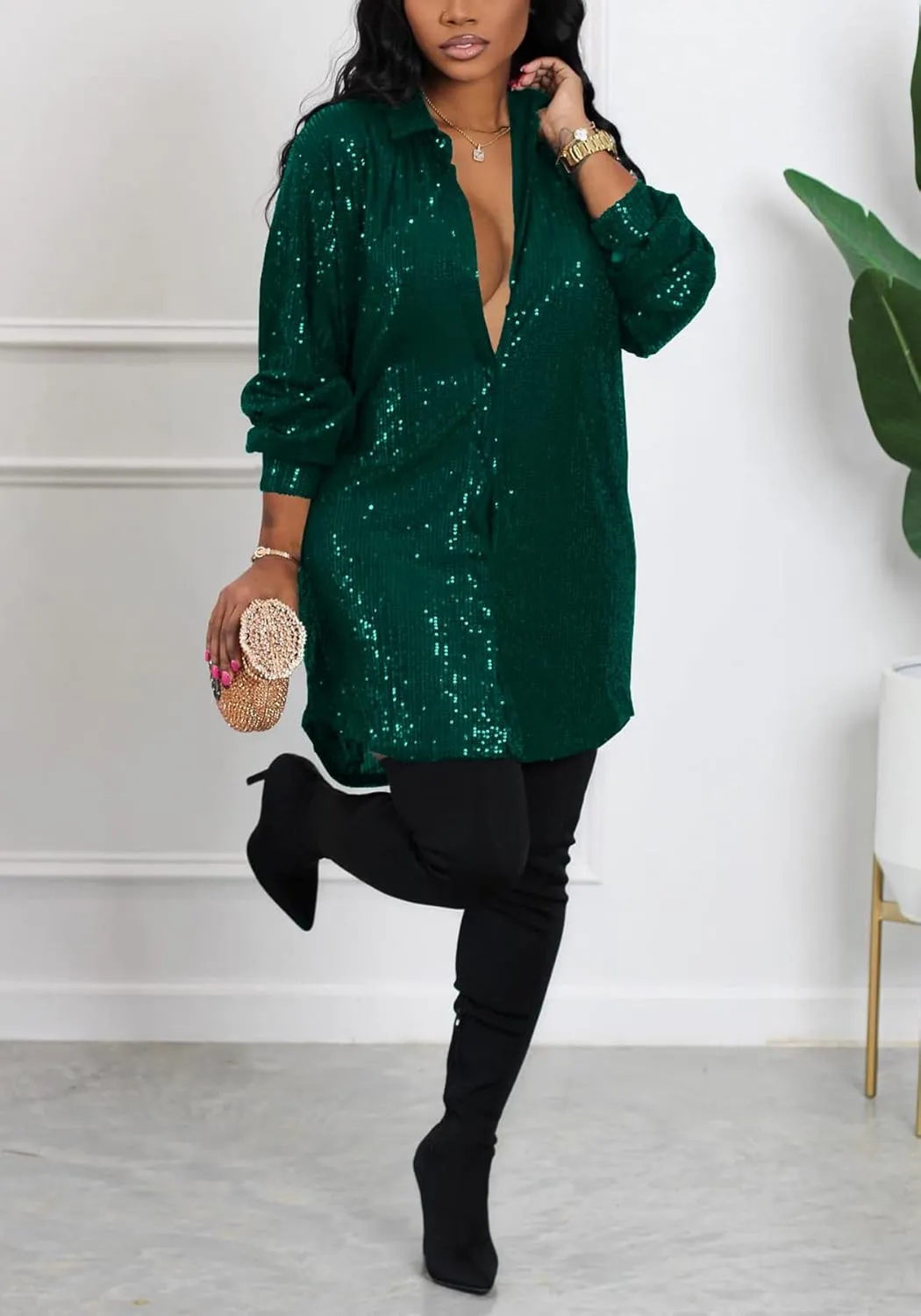 Women's Sequin Button Down Shirt Dress Long Sleeve Loose Fit Blouse Top Mini Dress Party Sexy Clubwear