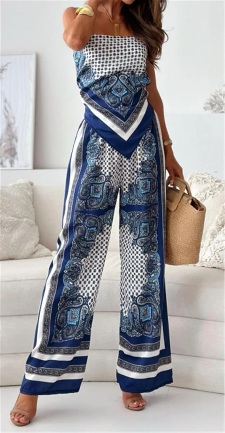 Women's Sexy 2 PCS Printed Lace Up Tank Tops Bodycon Wide Leg Pants Cocktail Party Outfits Tracksuit Set