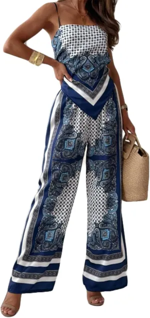 Women's Sexy 2 PCS Printed Lace Up Tank Tops Bodycon Wide Leg Pants Cocktail Party Outfits Tracksuit Set