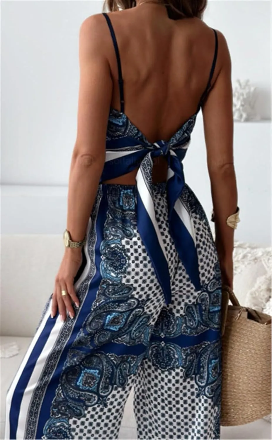 Women's Sexy 2 PCS Printed Lace Up Tank Tops Bodycon Wide Leg Pants Cocktail Party Outfits Tracksuit Set