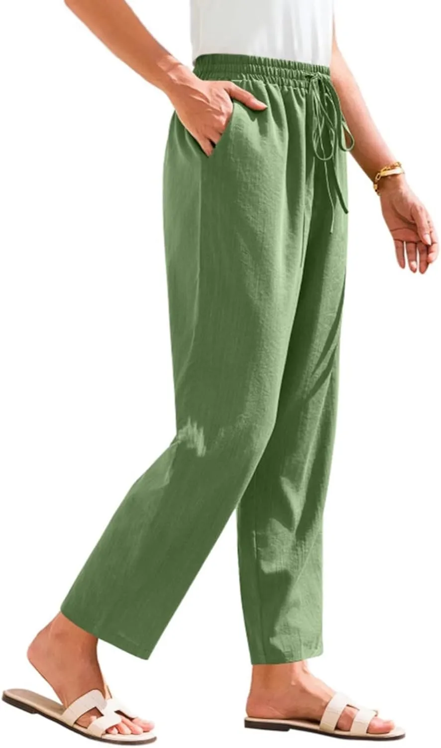 Womens Summer Casual Cotton and Linen High Waist Pants 2025 Fashion Drawstring Loose Fit Trousers with Pockets