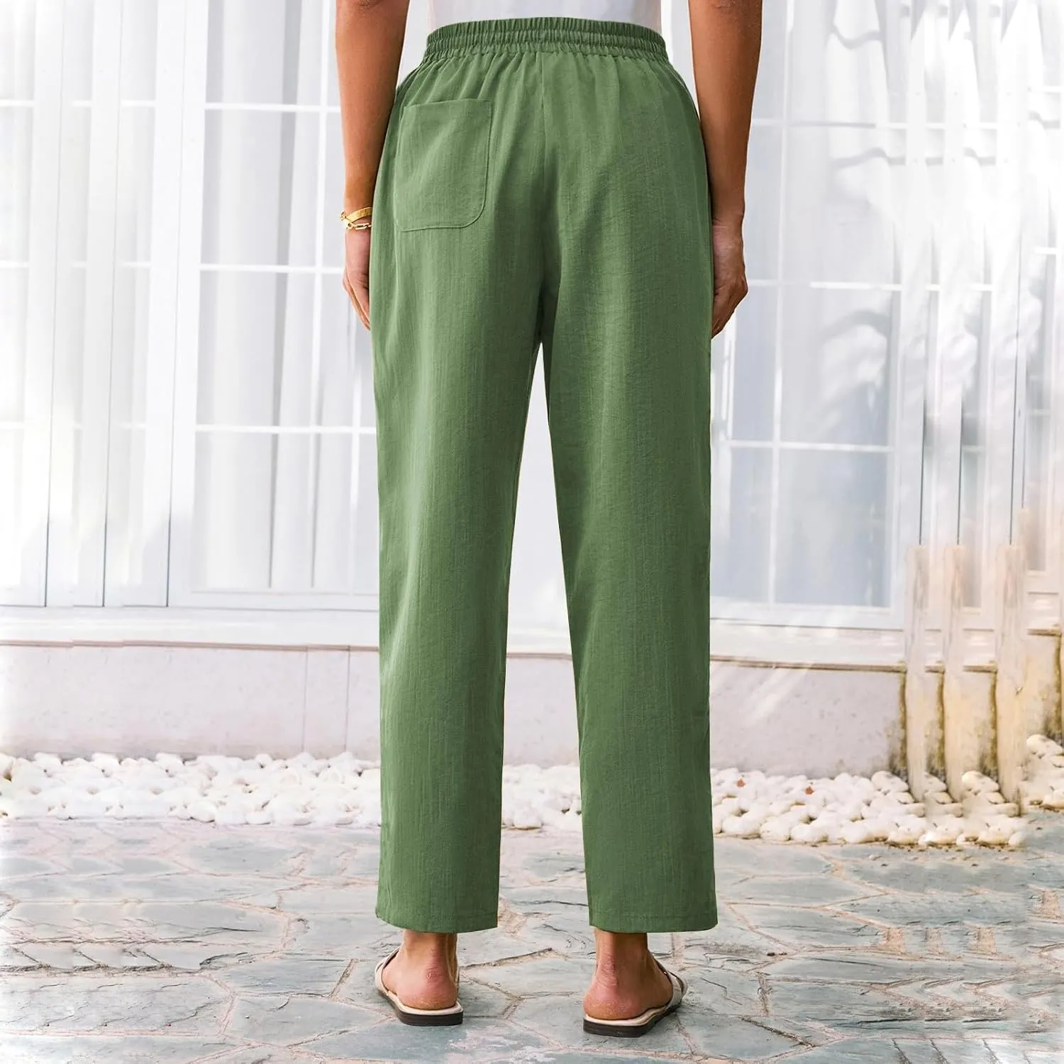Womens Summer Casual Cotton and Linen High Waist Pants 2025 Fashion Drawstring Loose Fit Trousers with Pockets