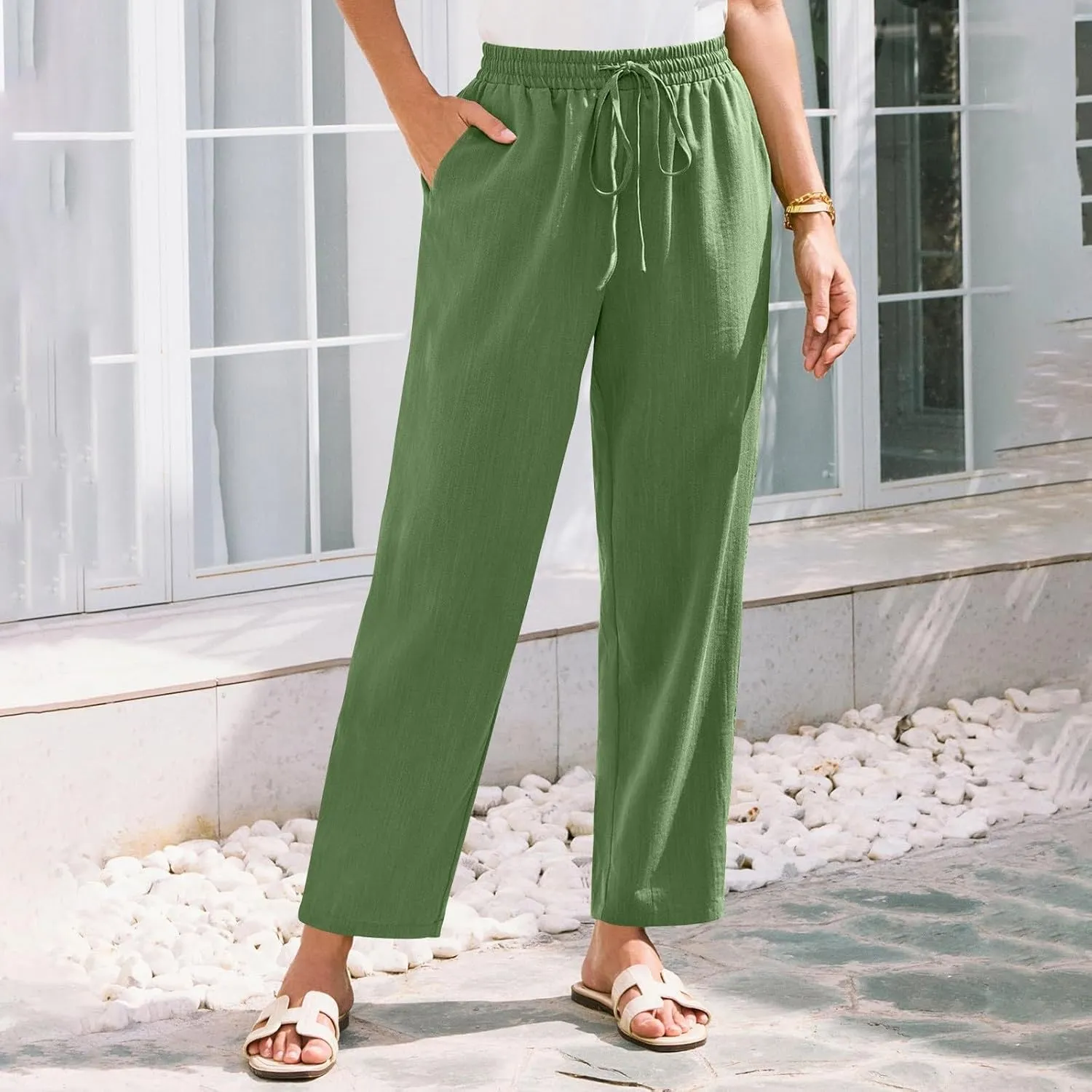 Womens Summer Casual Cotton and Linen High Waist Pants 2025 Fashion Drawstring Loose Fit Trousers with Pockets