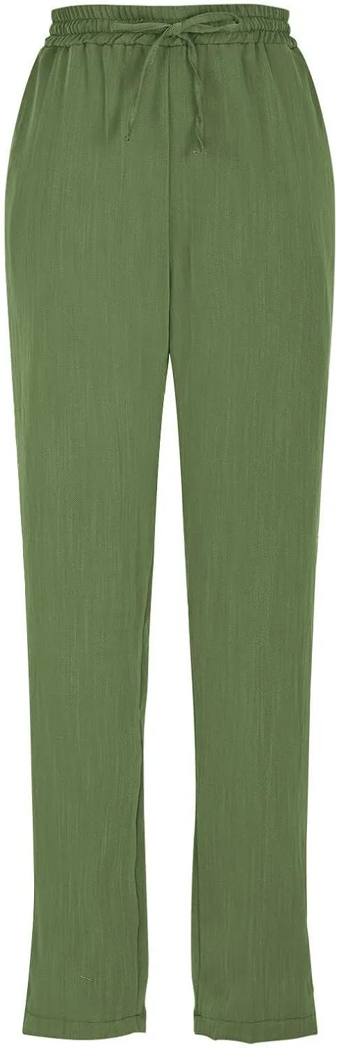 Womens Summer Casual Cotton and Linen High Waist Pants 2025 Fashion Drawstring Loose Fit Trousers with Pockets
