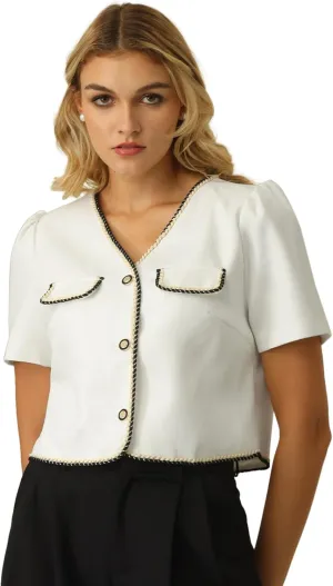 Women's Tweed Jacket Contrast Color Button Down Short Sleeve Work Office Blazer