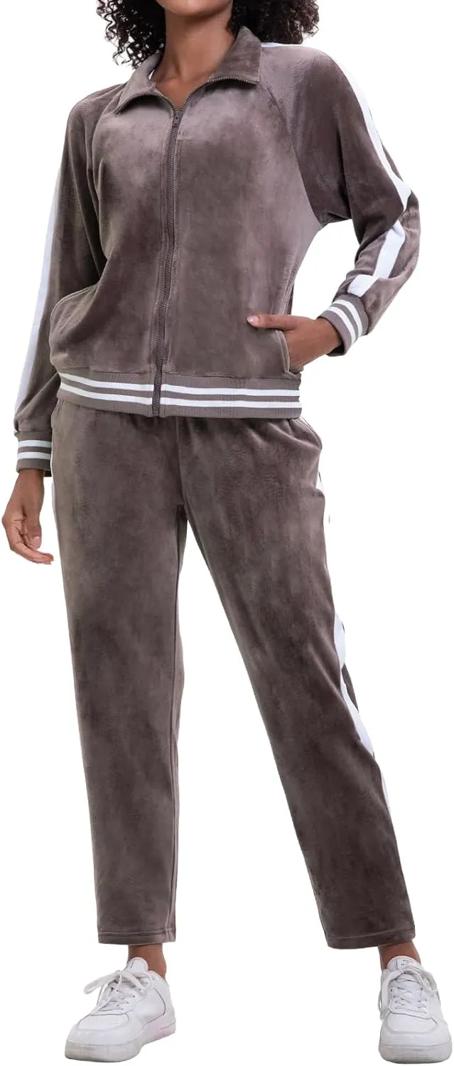 Women's Velour Tracksuit Zip-Up Jacket and Jogger Pants with Pockets Sweatsuit Loungewear Set 2 Piece Loose Fit