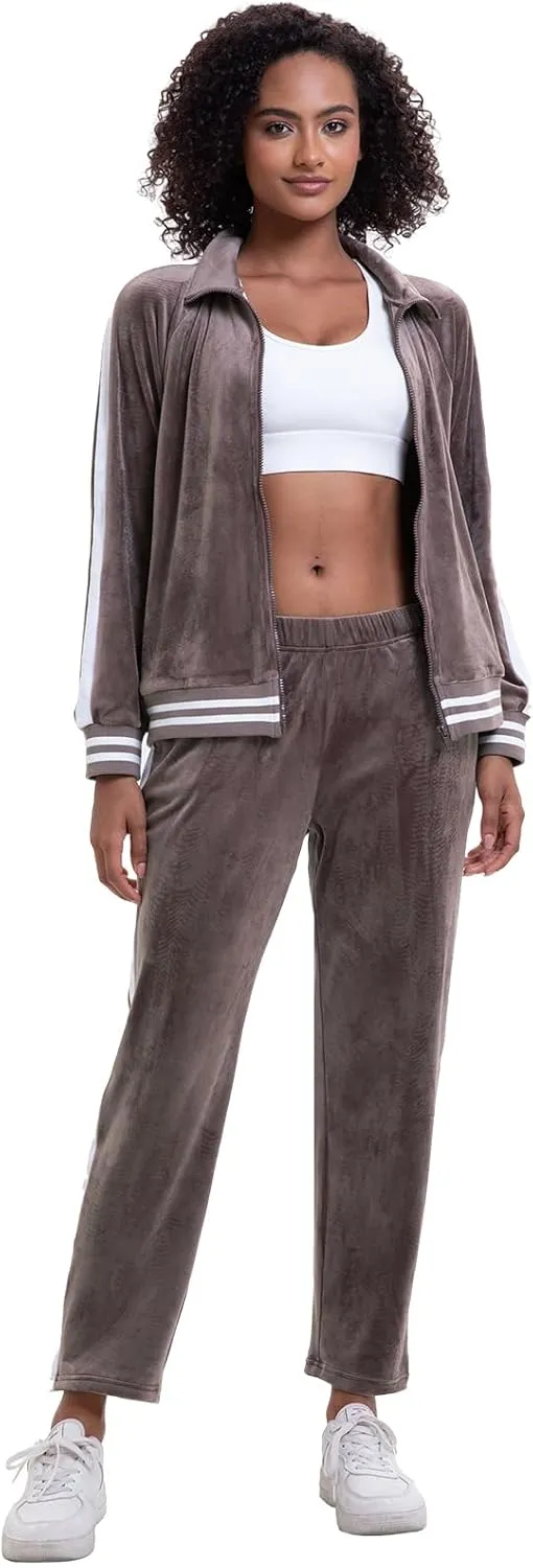 Women's Velour Tracksuit Zip-Up Jacket and Jogger Pants with Pockets Sweatsuit Loungewear Set 2 Piece Loose Fit