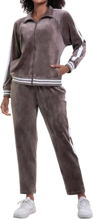 Women's Velour Tracksuit Zip-Up Jacket and Jogger Pants with Pockets Sweatsuit Loungewear Set 2 Piece Loose Fit