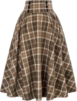 Women's Vintage High Waisted A Line Pleated Casual Plaid Midi Skirts