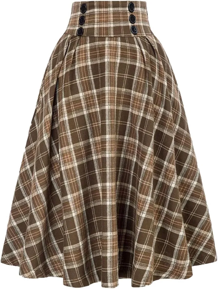 Women's Vintage High Waisted A Line Pleated Casual Plaid Midi Skirts