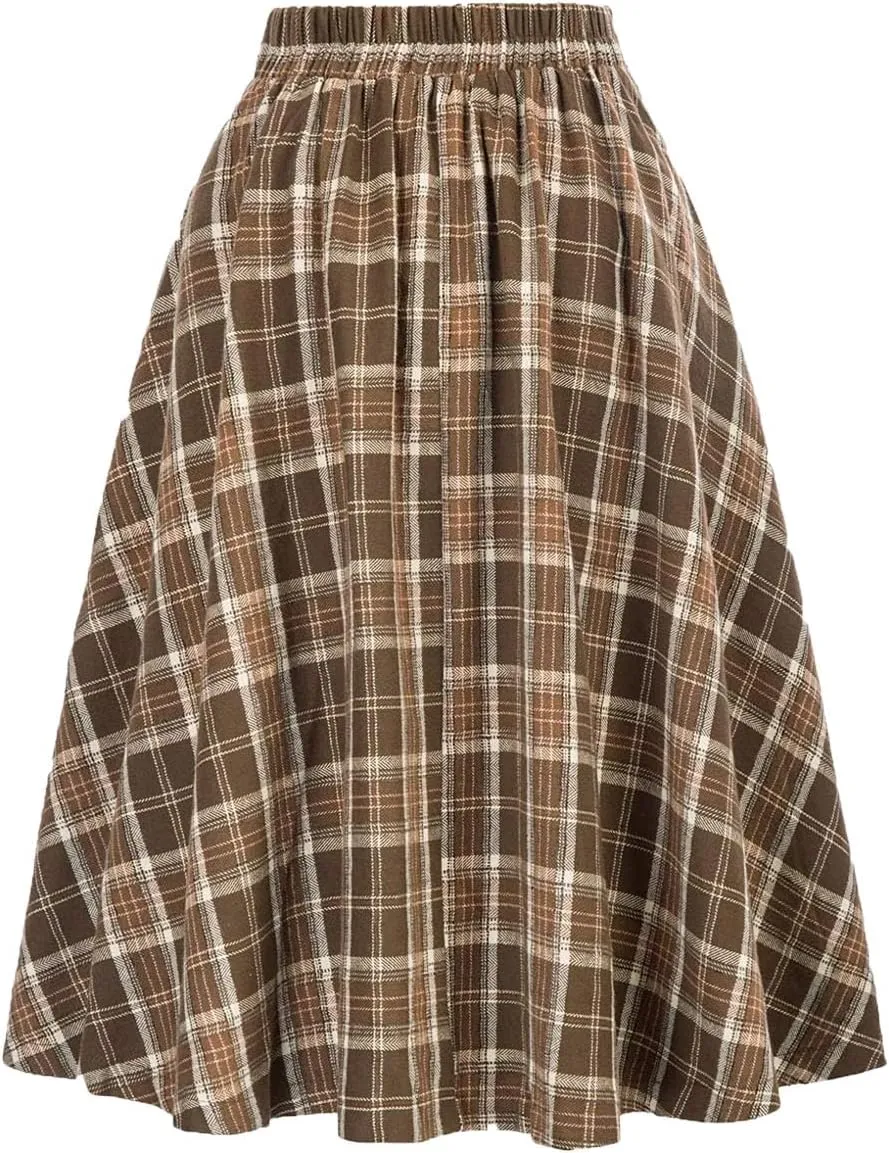 Women's Vintage High Waisted A Line Pleated Casual Plaid Midi Skirts