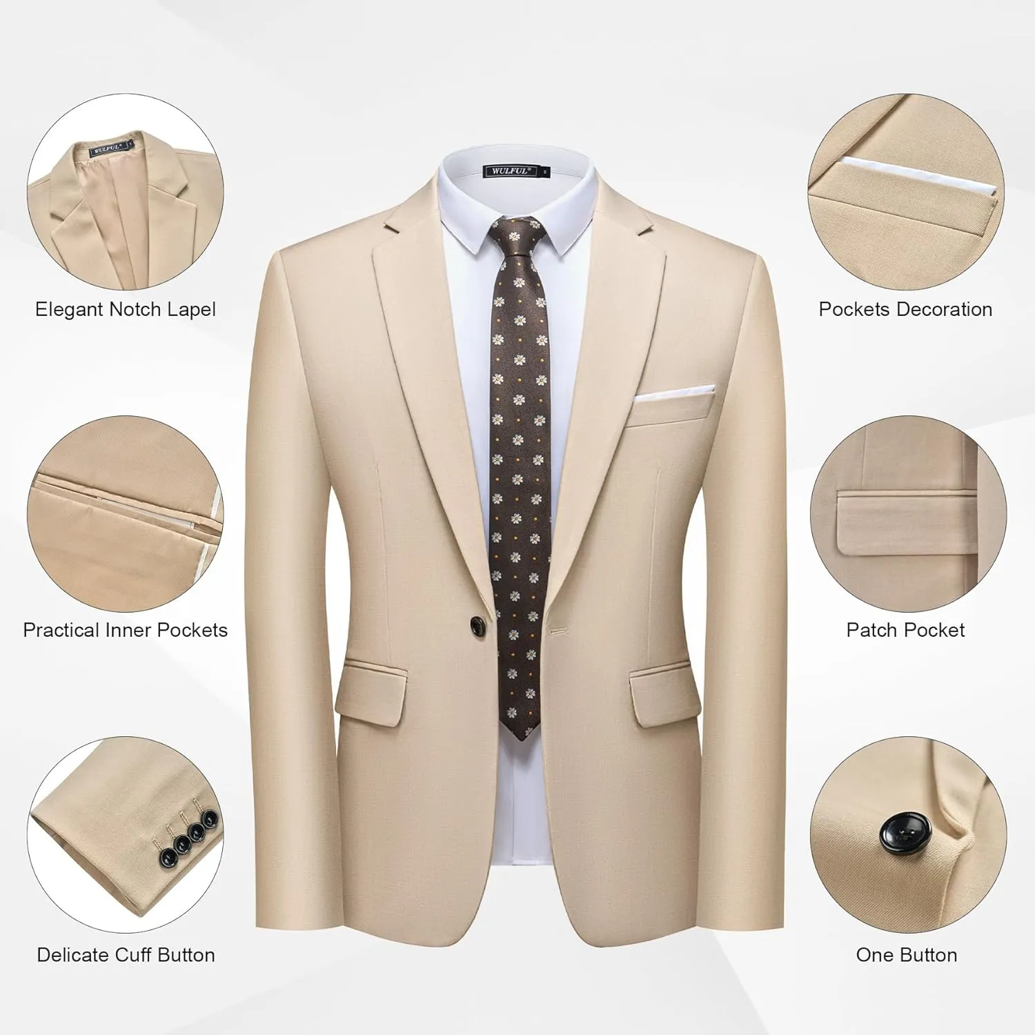WULFUL Men's 2 Piece Slim Fit Suit Set One Button Blazer Jacket Pants Tuxedo Set for Party, Wedding and Business