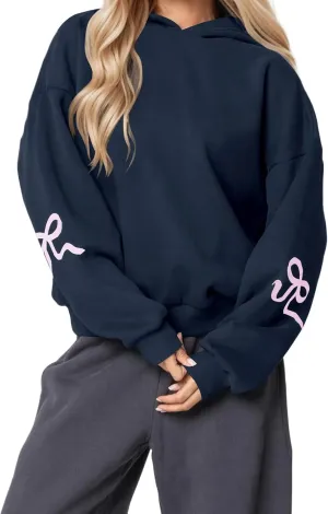 XBTCLXEBCO Bow Print Hoodies for Women Oversized Long Sleeve Drop Shoulder Hooded Sweatshirt Y2K Aesthetic Pullover Tops