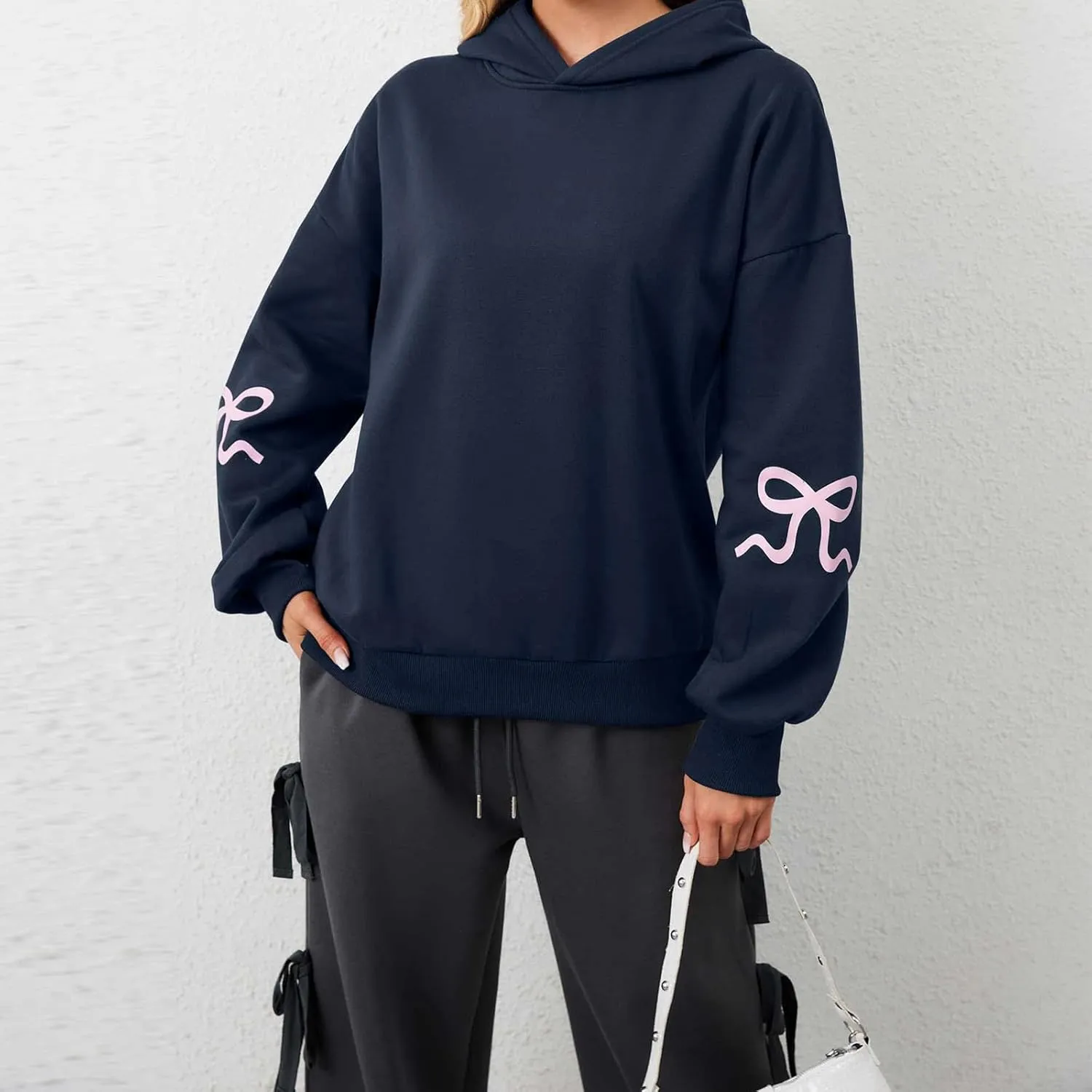 XBTCLXEBCO Bow Print Hoodies for Women Oversized Long Sleeve Drop Shoulder Hooded Sweatshirt Y2K Aesthetic Pullover Tops