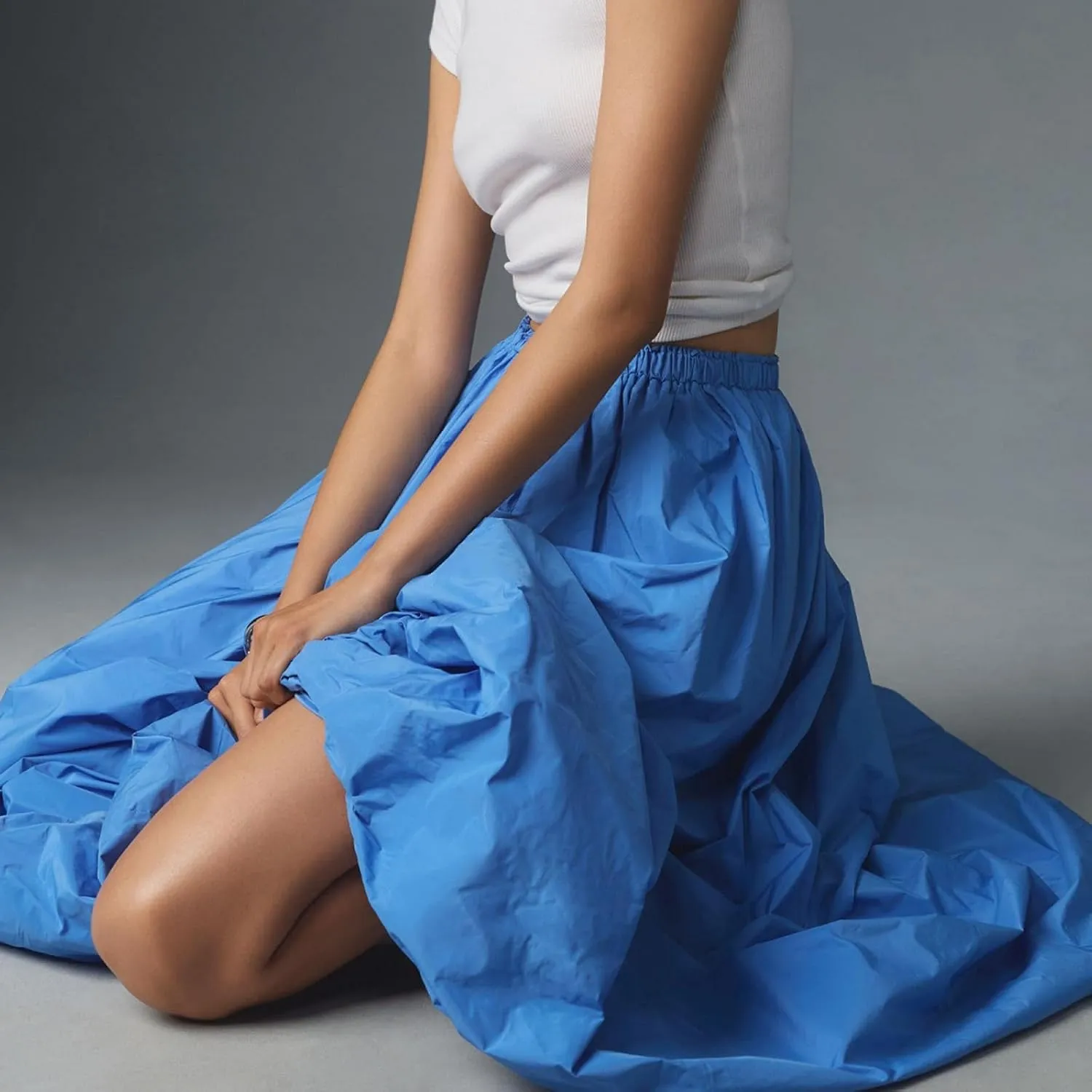 XBTCLXEBCO Bubble Maxi Skirts for Women Y2K Elastic Waist Flowy A-Line Skirt Ruffle Pleated Puffy Long Skirt Beach Vacation
