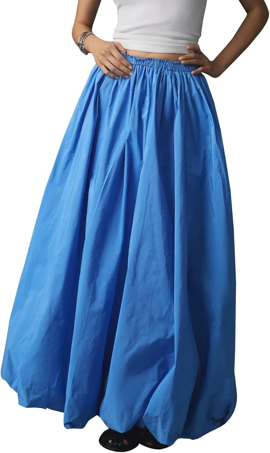 XBTCLXEBCO Bubble Maxi Skirts for Women Y2K Elastic Waist Flowy A-Line Skirt Ruffle Pleated Puffy Long Skirt Beach Vacation