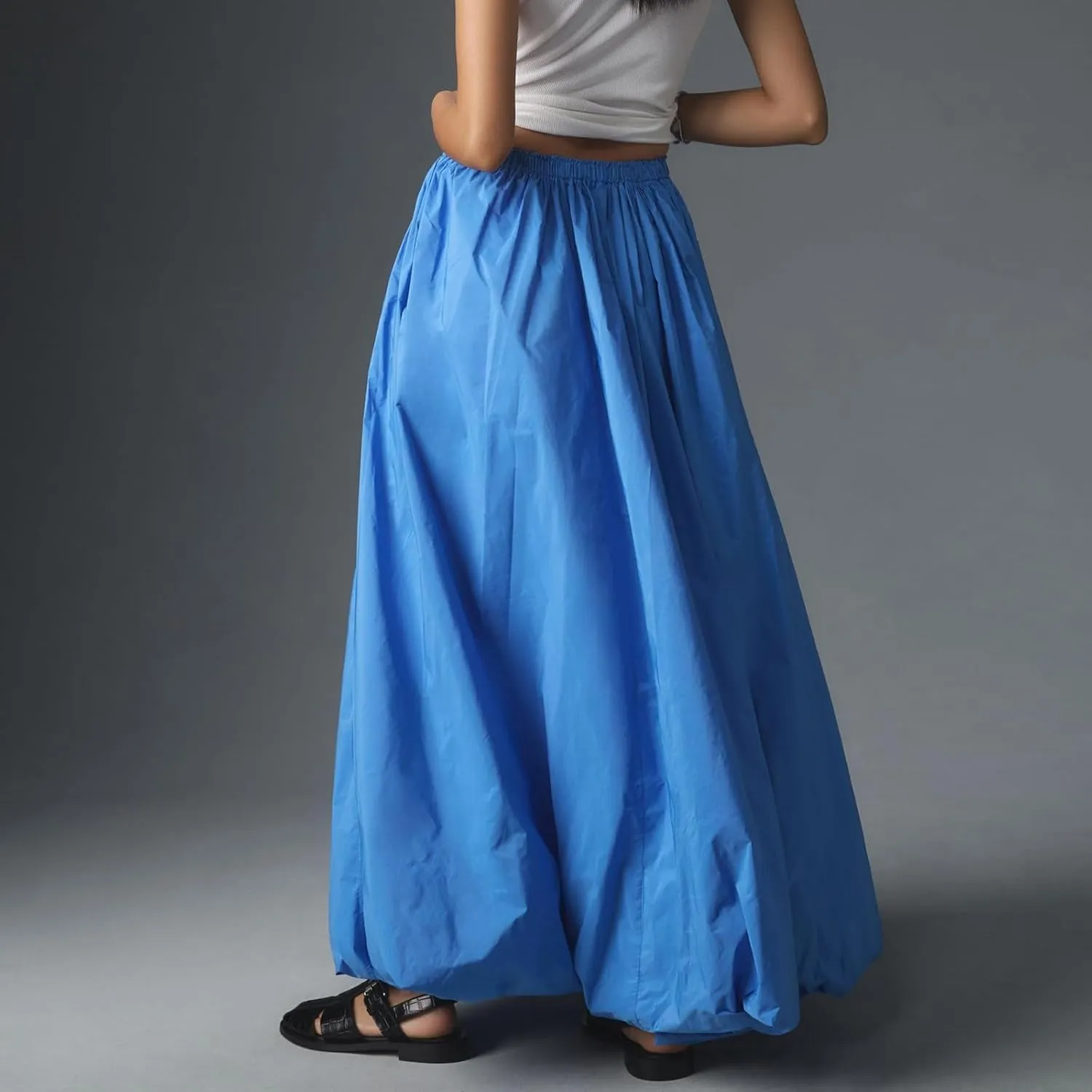 XBTCLXEBCO Bubble Maxi Skirts for Women Y2K Elastic Waist Flowy A-Line Skirt Ruffle Pleated Puffy Long Skirt Beach Vacation