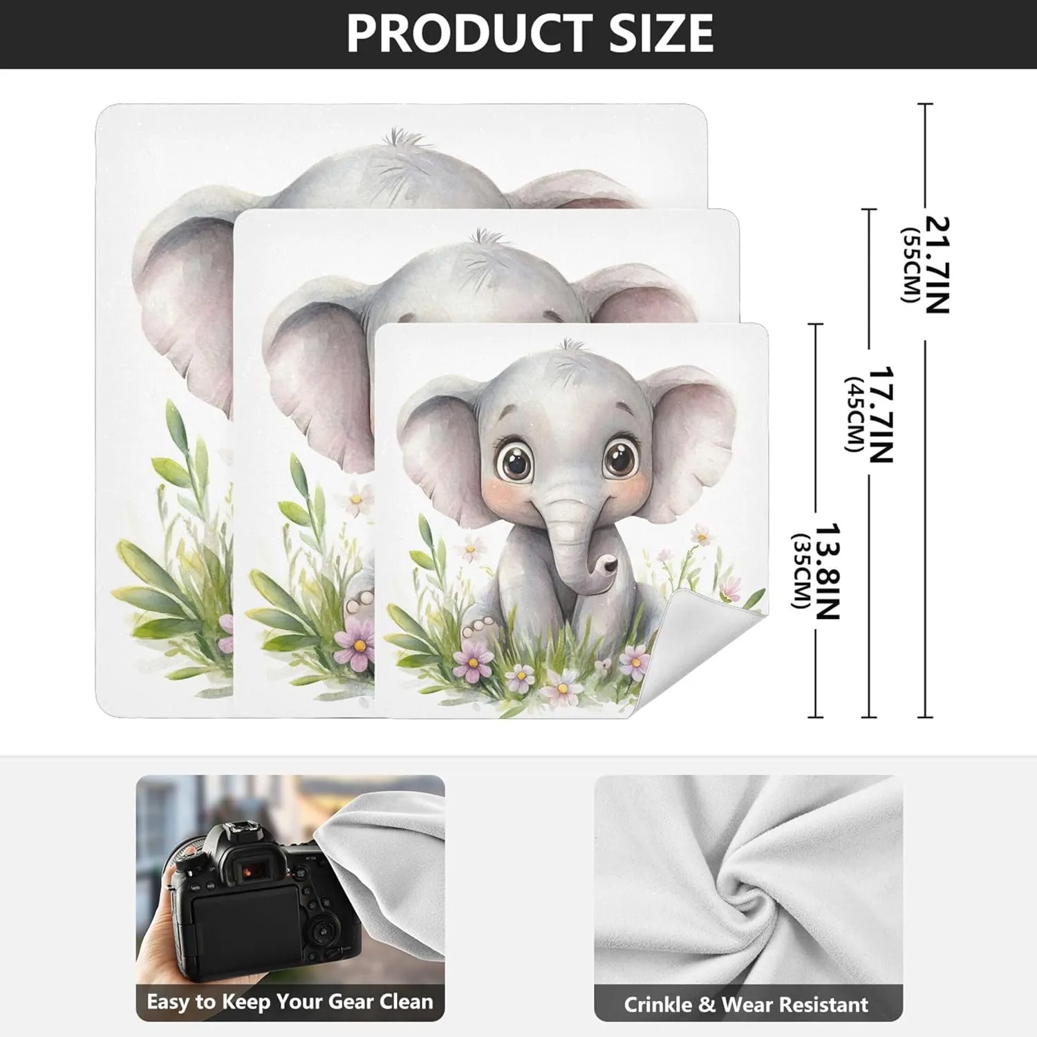 xigua Cute Baby Elephant Self-Adhesive Magic Makeup Cloth Bag, Portable Protective Cosmetic Bag, Camera Lens Wrap for Travel, Gifts & Daily Use