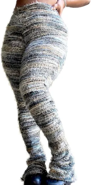 XZLUFNY Women's Stacked Fuzzy Pants High Waisted Striped Knit Sweatpnts Leggings