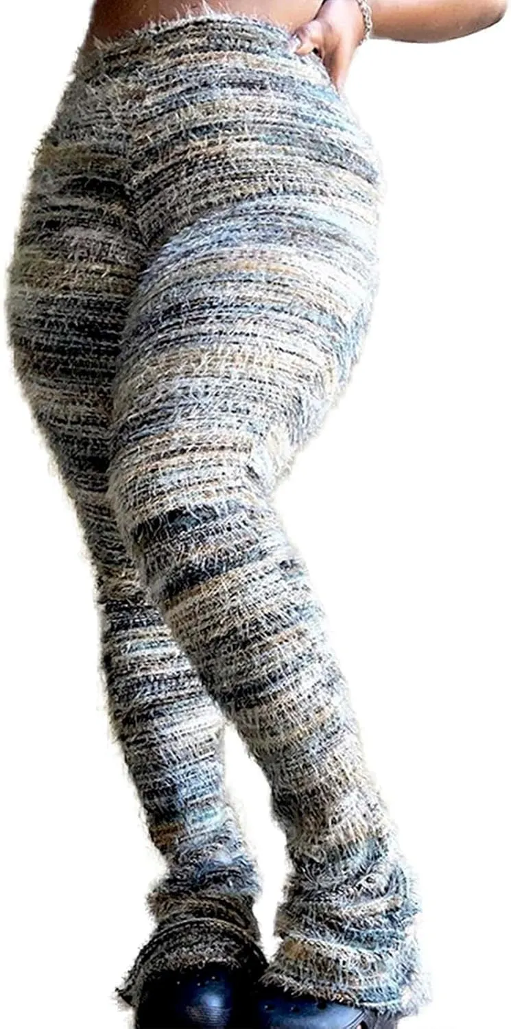 XZLUFNY Women's Stacked Fuzzy Pants High Waisted Striped Knit Sweatpnts Leggings