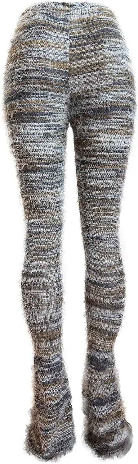 XZLUFNY Women's Stacked Fuzzy Pants High Waisted Striped Knit Sweatpnts Leggings