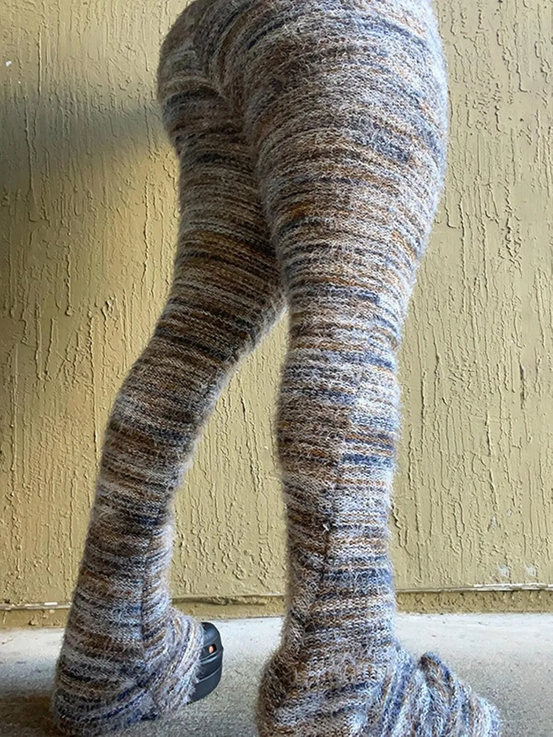 XZLUFNY Women's Stacked Fuzzy Pants High Waisted Striped Knit Sweatpnts Leggings