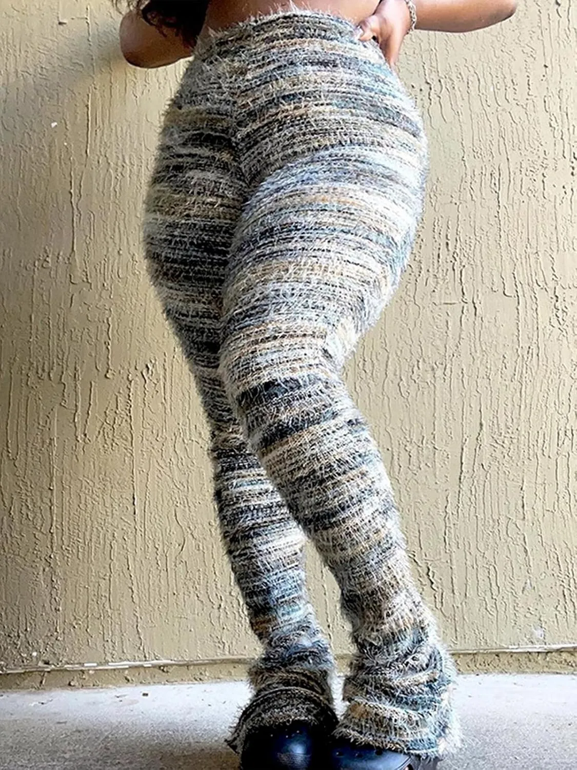 XZLUFNY Women's Stacked Fuzzy Pants High Waisted Striped Knit Sweatpnts Leggings