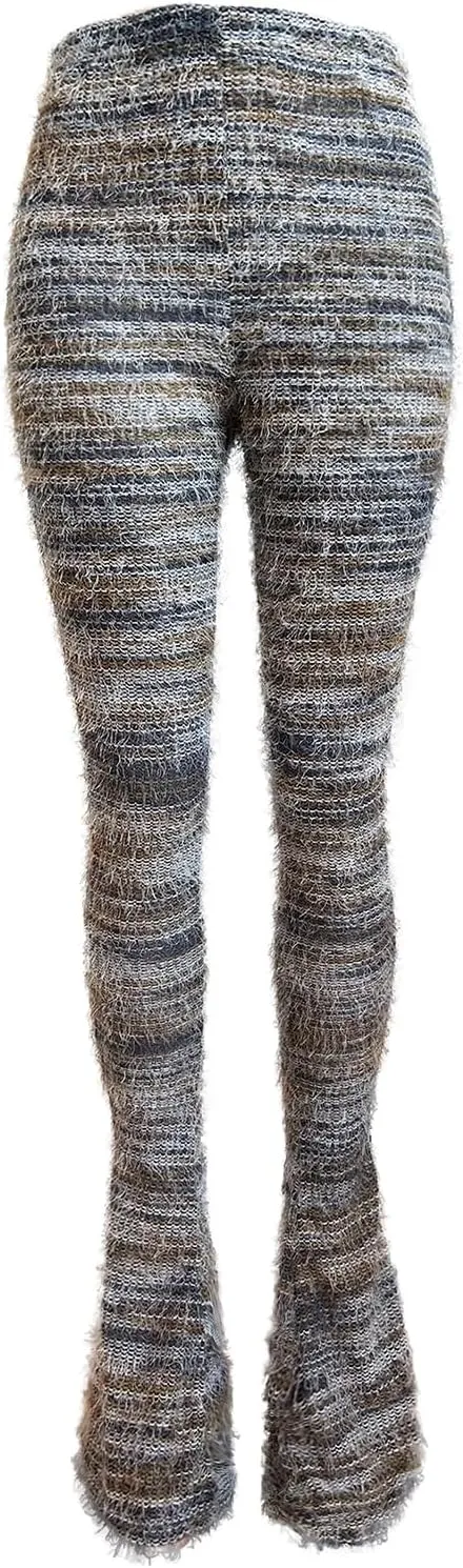 XZLUFNY Women's Stacked Fuzzy Pants High Waisted Striped Knit Sweatpnts Leggings