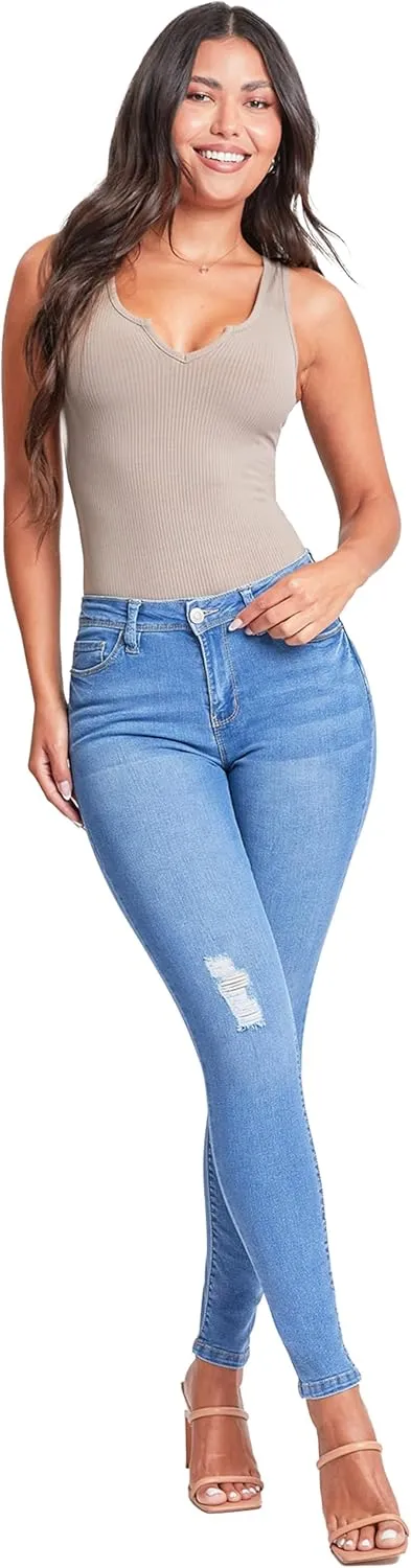 YMI Womens Basic 1-Button High-Rise Skinny Jean Made with Recycled Fibers