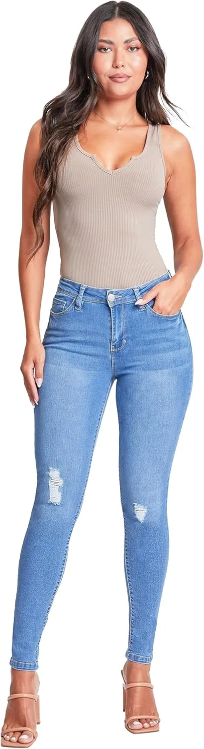 YMI Womens Basic 1-Button High-Rise Skinny Jean Made with Recycled Fibers