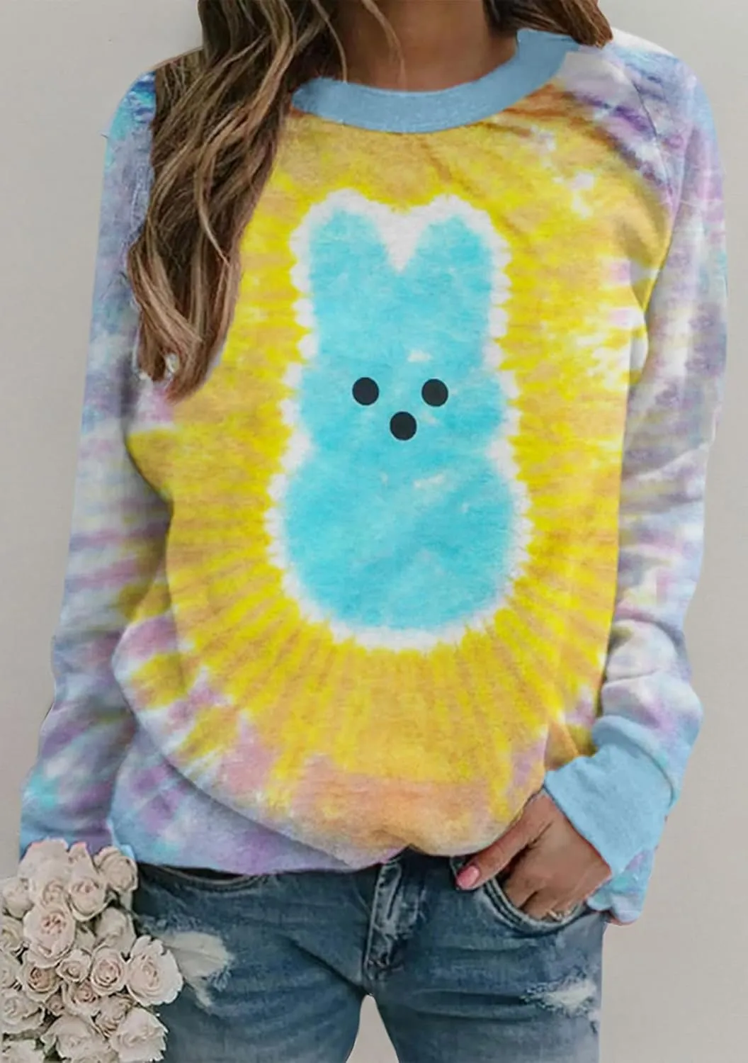 YMING Womens Easter Day Crew Neck Sweatshirt Bunny Printed Long Sleeve Pullover Cute Rabbit Shirt Tops Plus Size