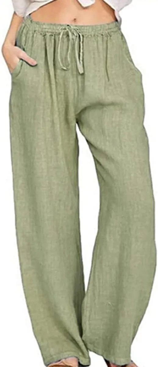 yoeasy Women Cotton Linen Drawstring Wide Leg Pants High Waisted Casual Loose Trousers with Pockets