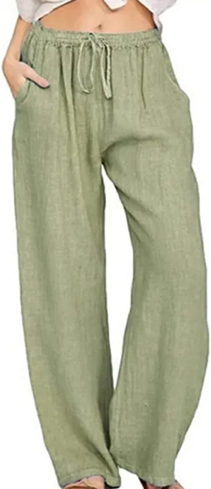 yoeasy Women Cotton Linen Drawstring Wide Leg Pants High Waisted Casual Loose Trousers with Pockets