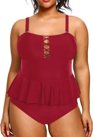 Yonique Plus Size Swimsuits for Women Tummy Control Two Piece Bathing Suits Peplum Tankini Tops High Waisted Swimwear