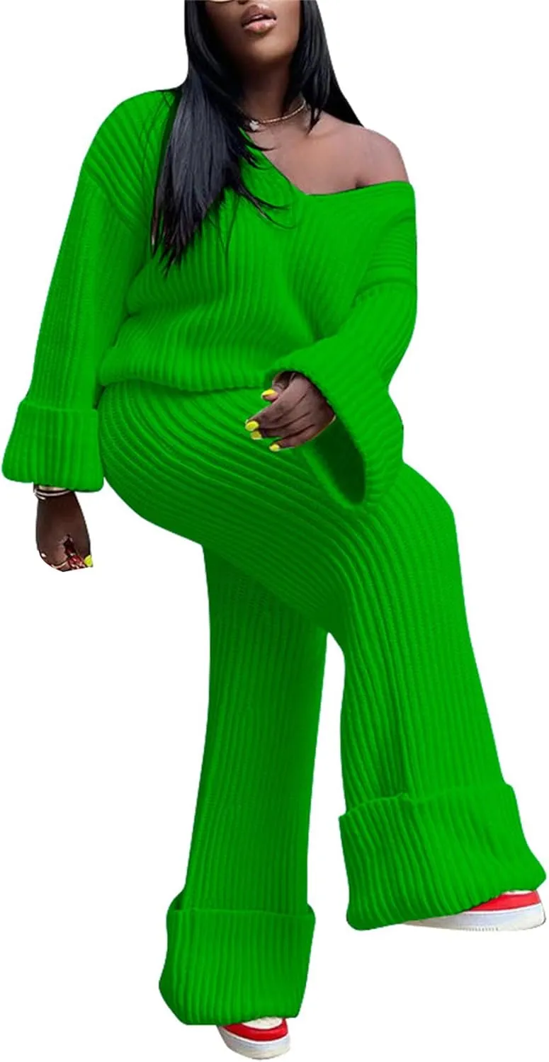 YOOTIKO Women 2 Piece Outfit Comfy Knit Set V Neck Top Wide Leg Pants Fall Casual Sweater Track Suit