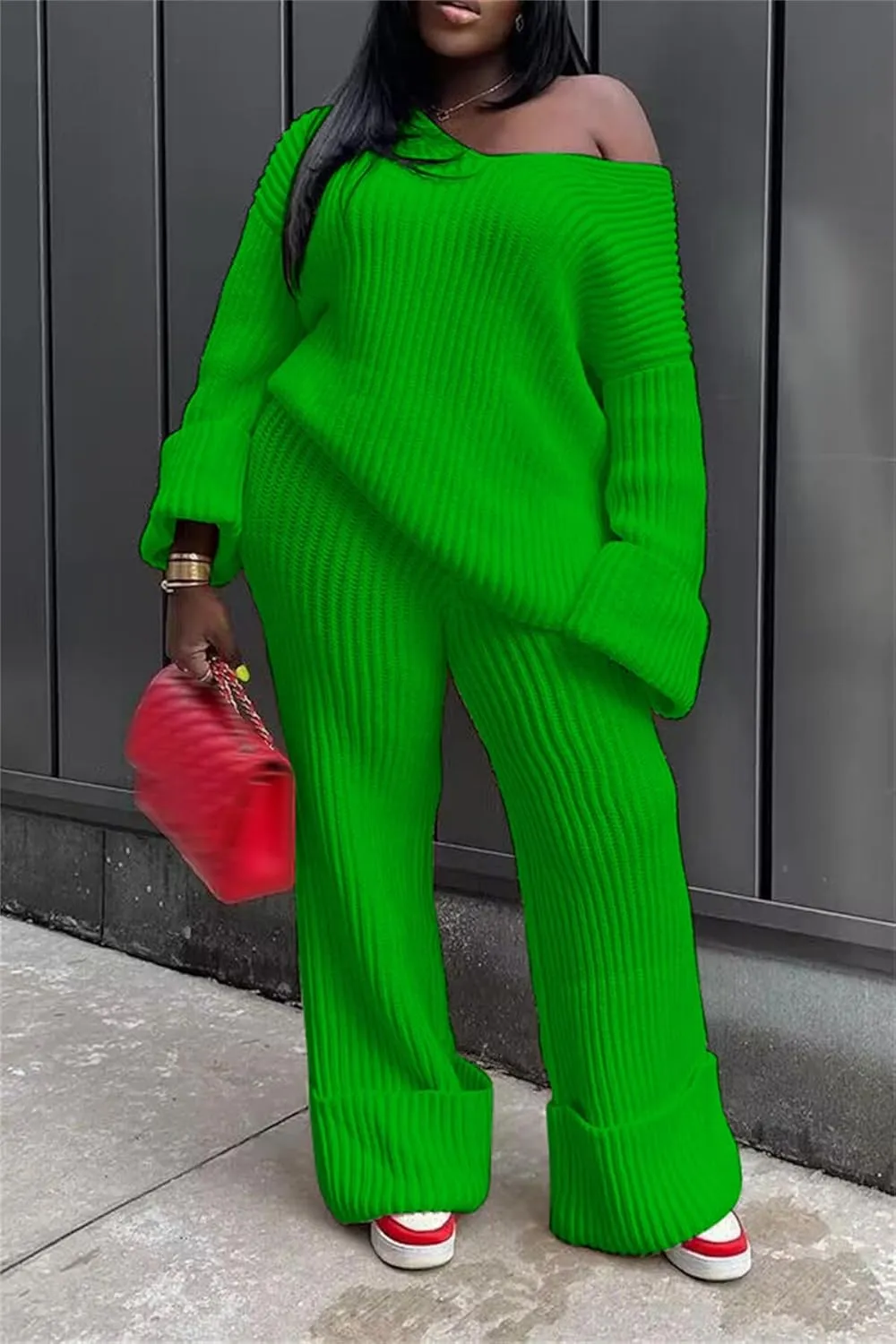 YOOTIKO Women 2 Piece Outfit Comfy Knit Set V Neck Top Wide Leg Pants Fall Casual Sweater Track Suit