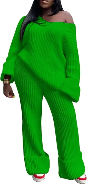 YOOTIKO Women 2 Piece Outfit Comfy Knit Set V Neck Top Wide Leg Pants Fall Casual Sweater Track Suit