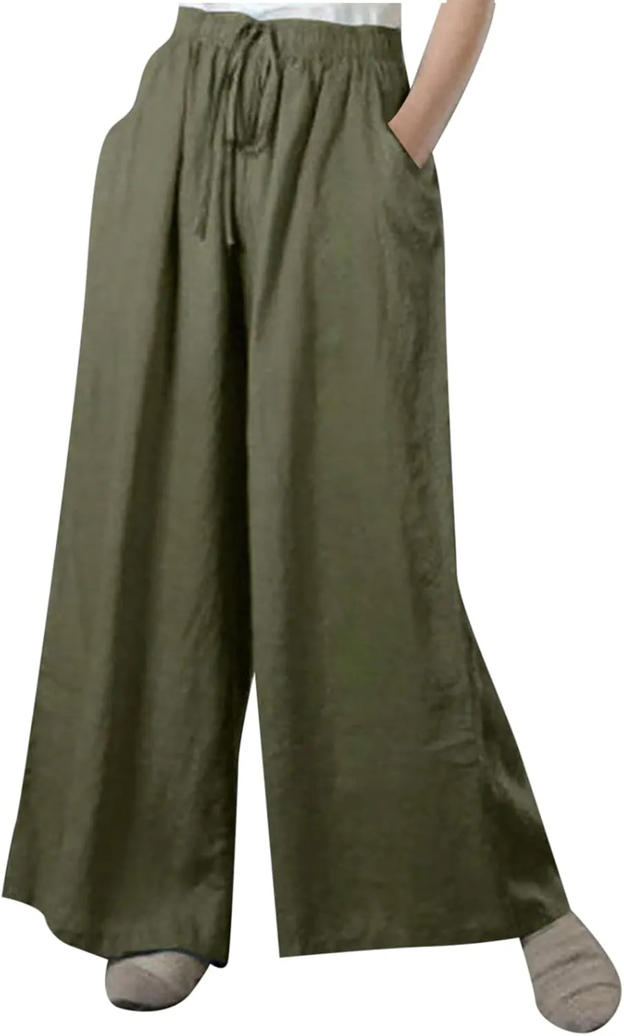 YRAETENM Fall Linen Pants for Women 2024 High Waist Beach Pants Drawstring Elastic Waist Wide Leg Trousers with Pockets