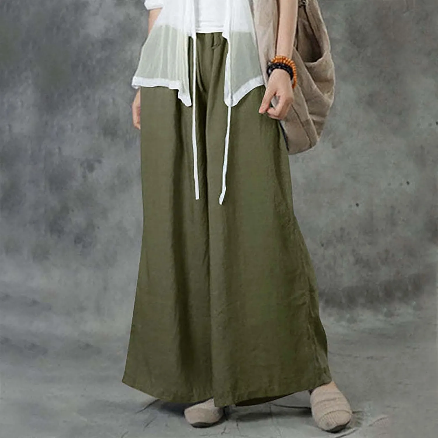 YRAETENM Fall Linen Pants for Women 2024 High Waist Beach Pants Drawstring Elastic Waist Wide Leg Trousers with Pockets