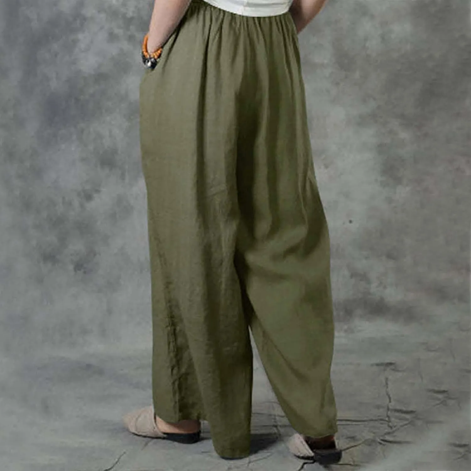 YRAETENM Fall Linen Pants for Women 2024 High Waist Beach Pants Drawstring Elastic Waist Wide Leg Trousers with Pockets