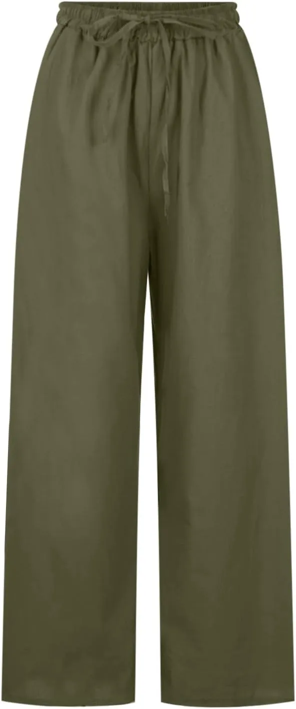 YRAETENM Fall Linen Pants for Women 2024 High Waist Beach Pants Drawstring Elastic Waist Wide Leg Trousers with Pockets