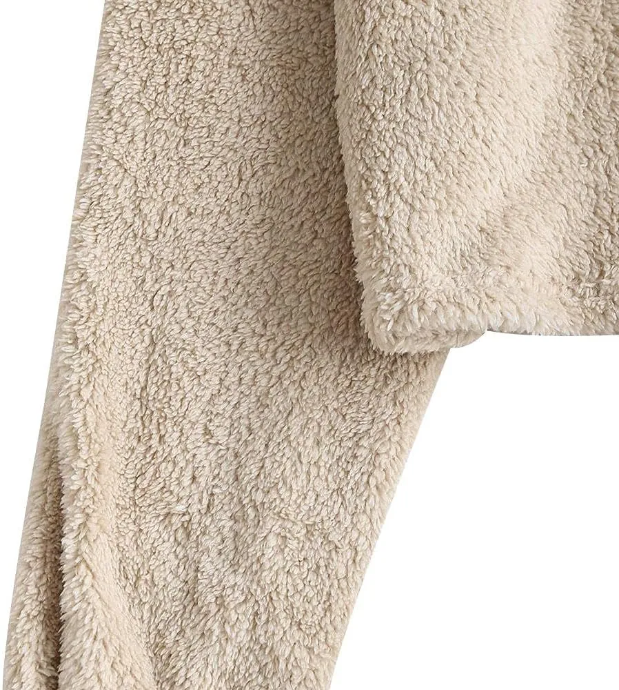 ZAFUL Women's Fuzzy Lounge Casual Pajamas Sets Long Sleeve Fleece Pullover and Pants Set 2 Piece Fluffy Loungewear Sleepwear