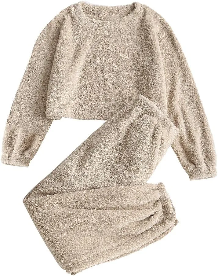 ZAFUL Women's Fuzzy Lounge Casual Pajamas Sets Long Sleeve Fleece Pullover and Pants Set 2 Piece Fluffy Loungewear Sleepwear
