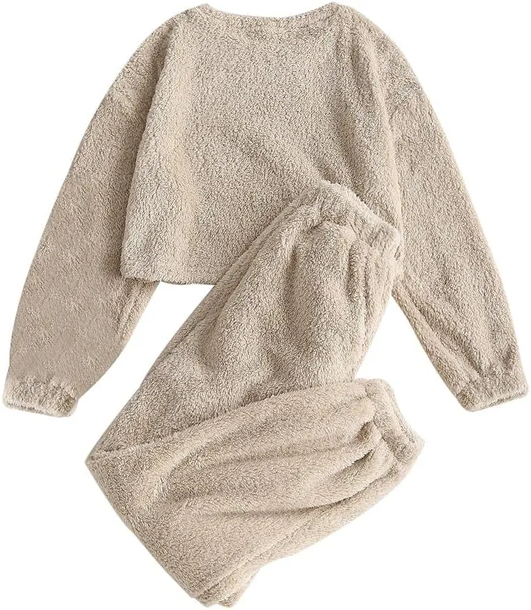ZAFUL Women's Fuzzy Lounge Casual Pajamas Sets Long Sleeve Fleece Pullover and Pants Set 2 Piece Fluffy Loungewear Sleepwear