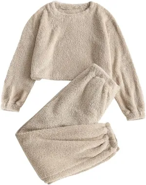ZAFUL Women's Fuzzy Lounge Casual Pajamas Sets Long Sleeve Fleece Pullover and Pants Set 2 Piece Fluffy Loungewear Sleepwear